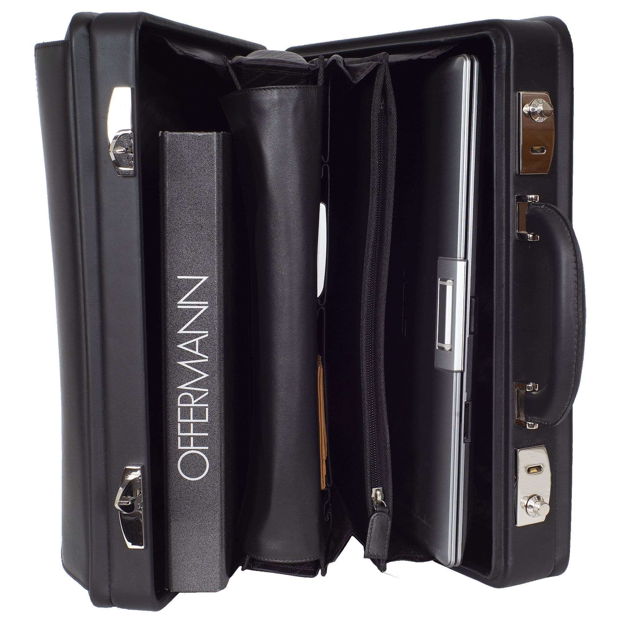 Aktenkoffer mit Zahlenschlössern 15 Zoll Fächereinteilung Leder schwarz - Corf Offermann