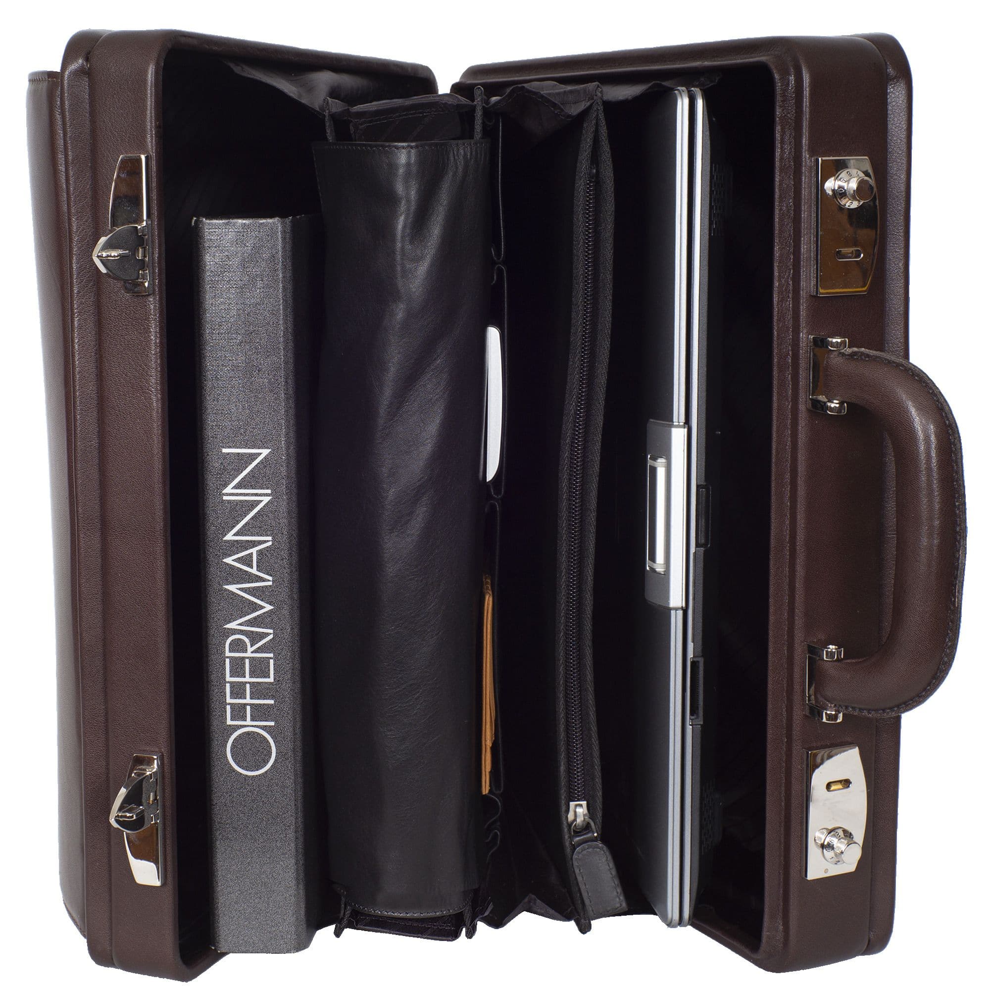 Aktenkoffer mit Zahlenschlössern 15 Zoll Fächereinteilung Leder braun - Corf Offermann