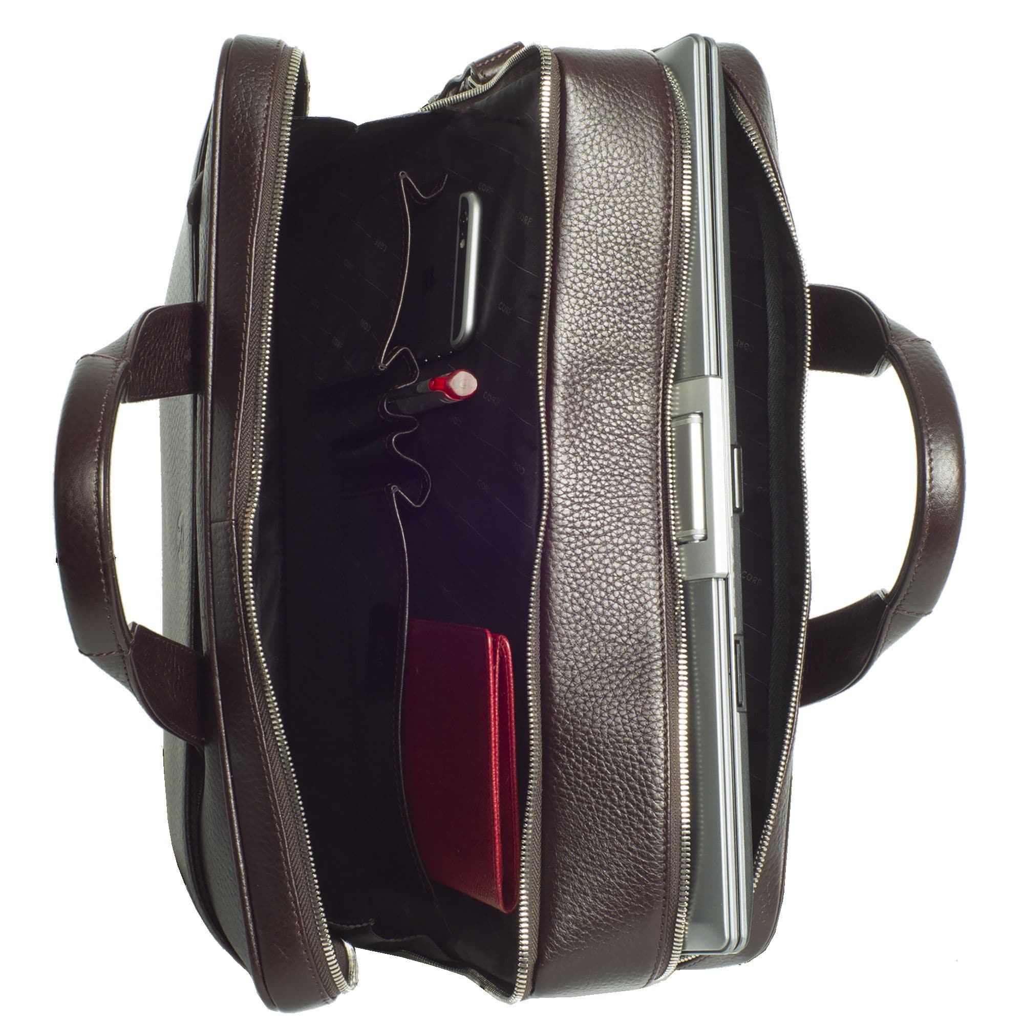 Businesstasche Laptoptasche 15 Zoll leicht genarbtes Leder braun 2 große Fächer - Corf Offermann