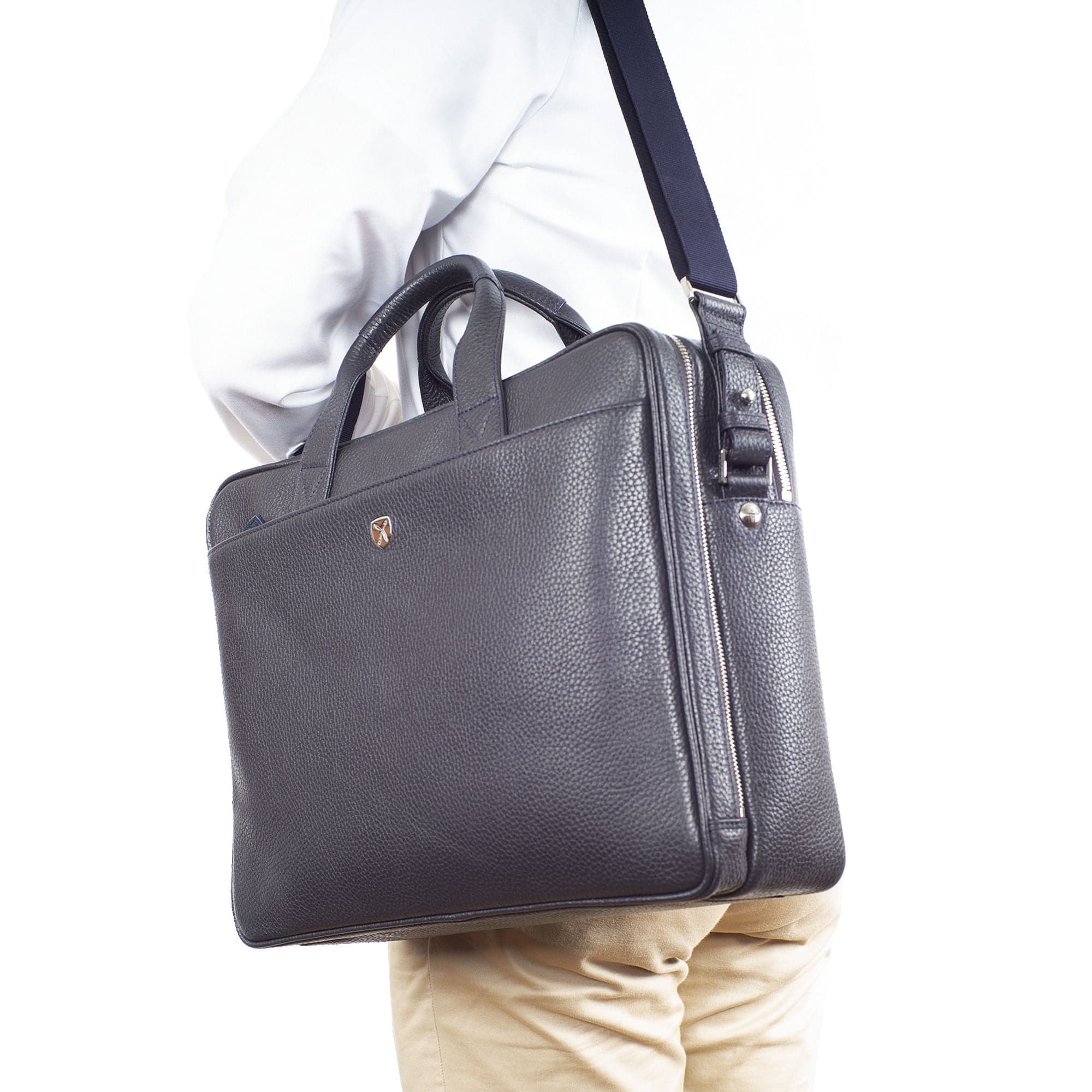 Businesstasche Laptoptasche 15 Zoll leicht genarbtes Leder blau 2 große Fächer - Corf Offermann