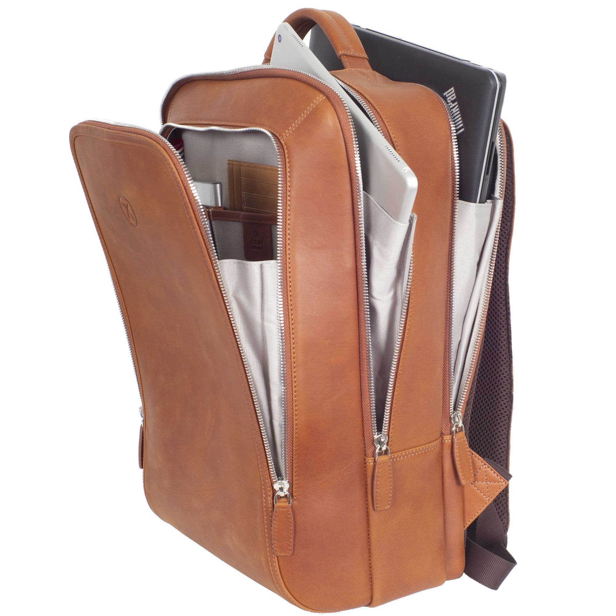 Businessrucksack Lederrucksack 15 Zoll Glattleder cognac 3 Fächer - Corf Offermann
