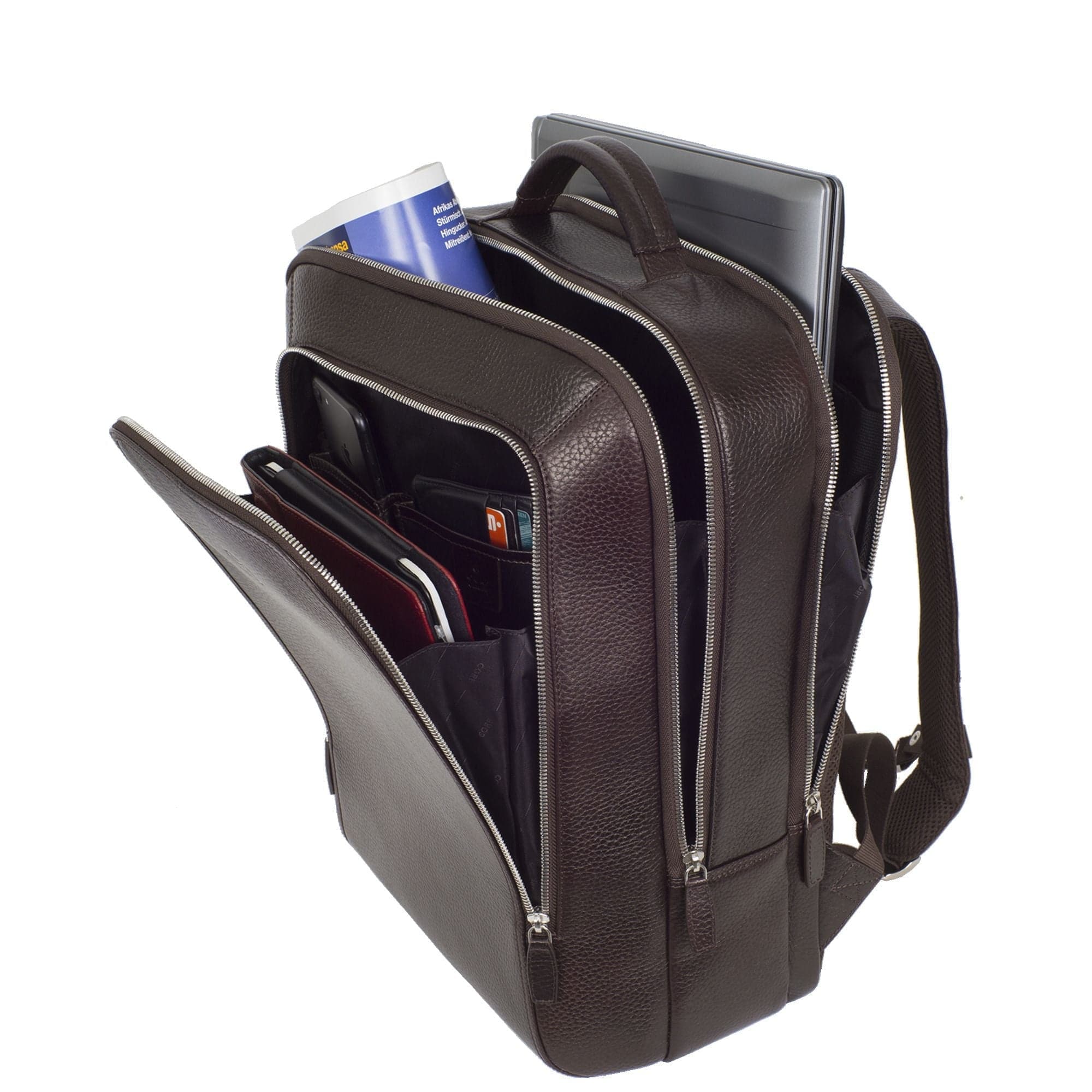 Businessrucksack Lederrucksack 15 Zoll geprägtes Leder braun 3 Fächer - Corf Offermann
