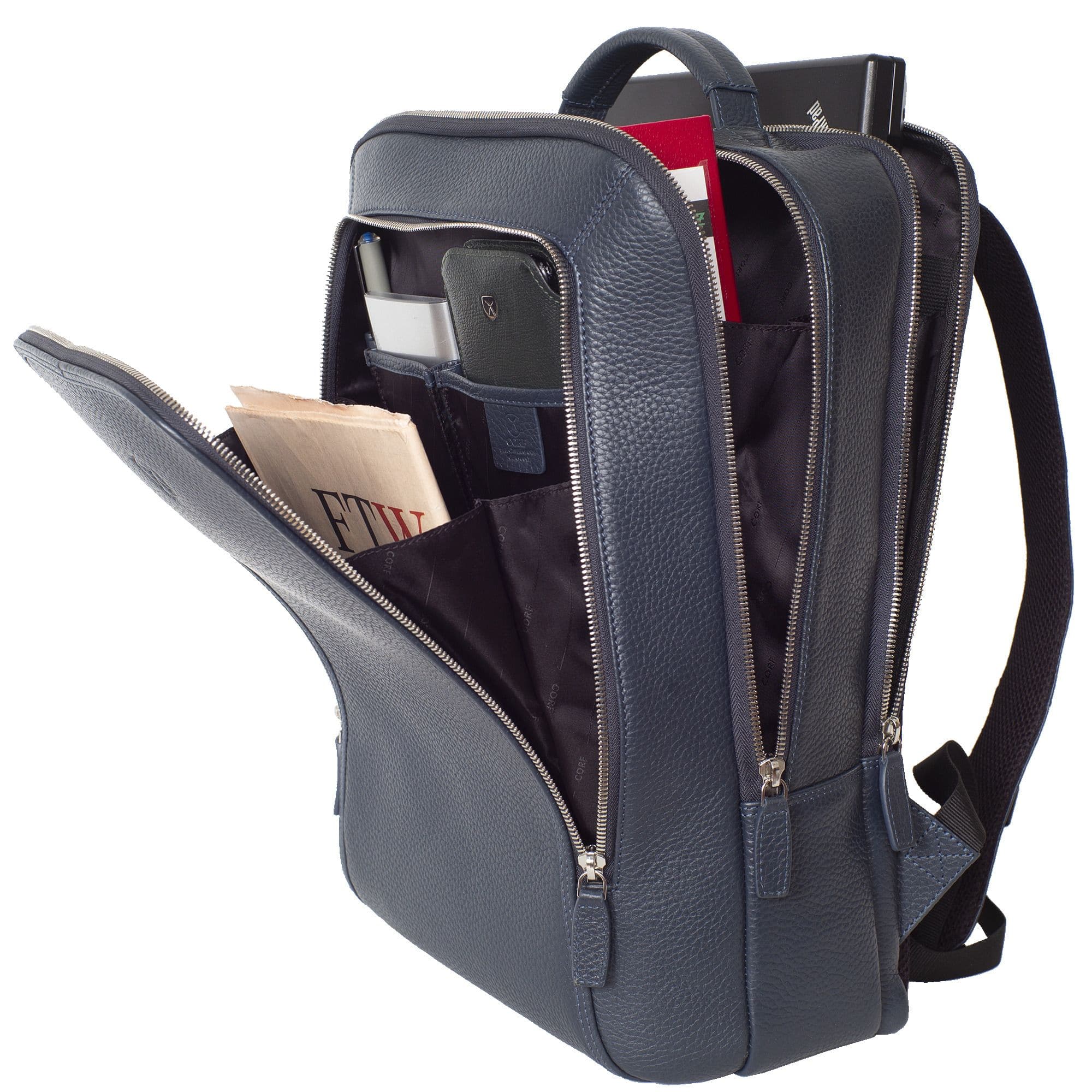 Businessrucksack Lederrucksack 15 Zoll geprägtes Leder blau 3 Fächer - Corf Offermann