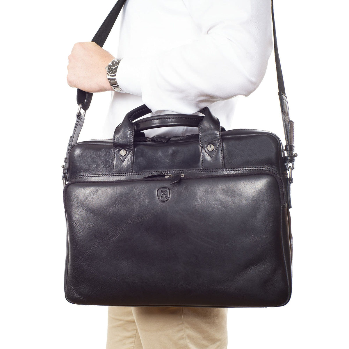 Businesstasche Laptoptasche 15 Zoll Glattleder schwarz Vortasche mit Boden - Corf Offermann