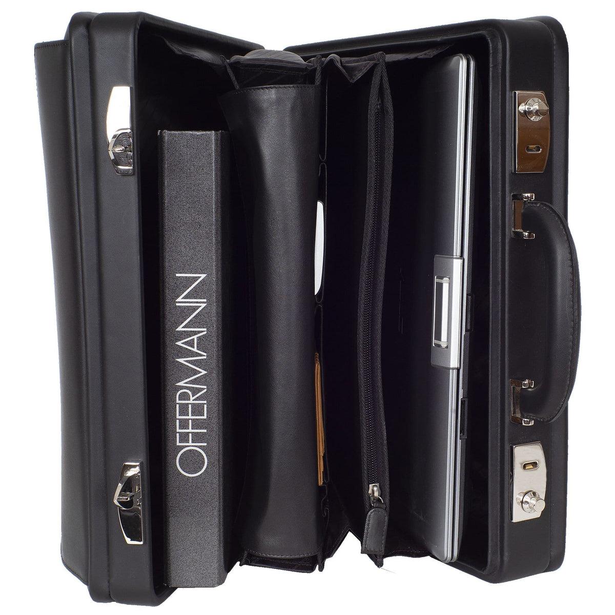 Aktenkoffer mit Zahlenschlössern 15 Zoll Fächereinteilung Leder schwarz - Corf Offermann