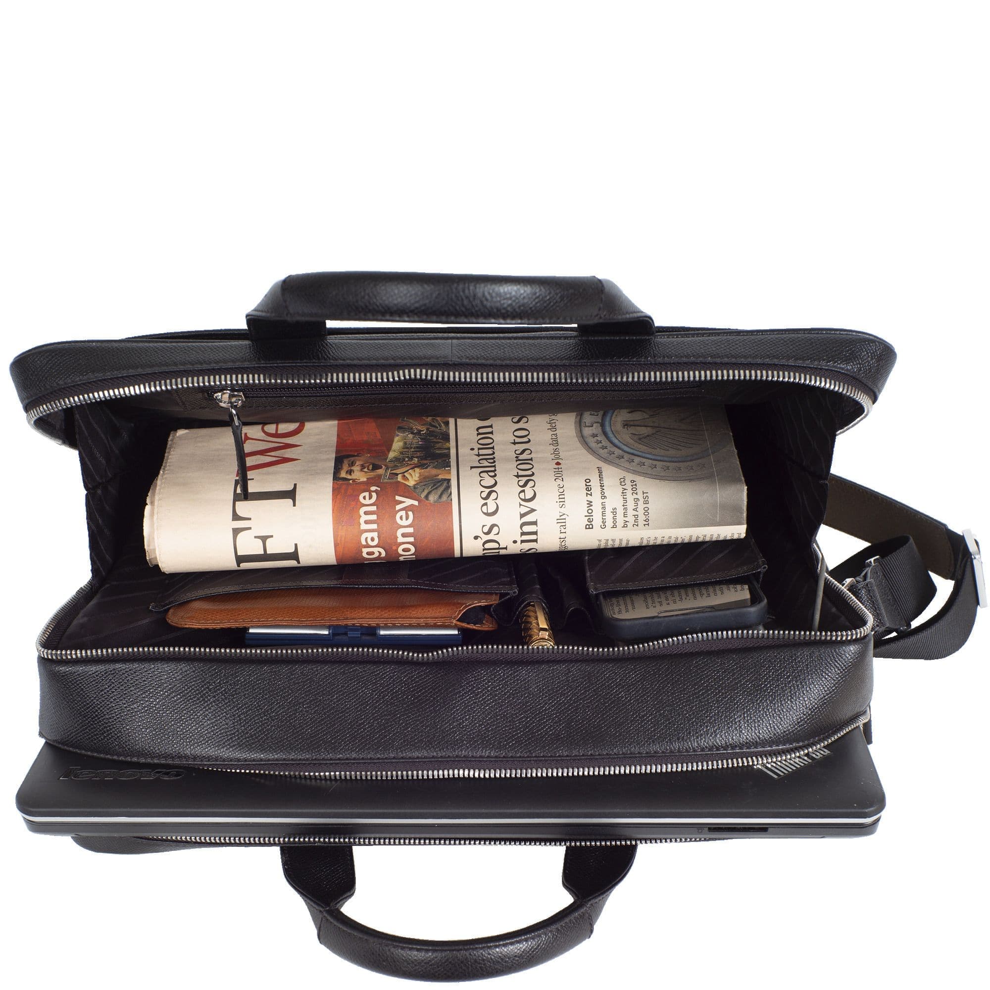 Businesstasche Laptoptasche 15 Zoll geprägtes Leder schwarz 2 große Fächer