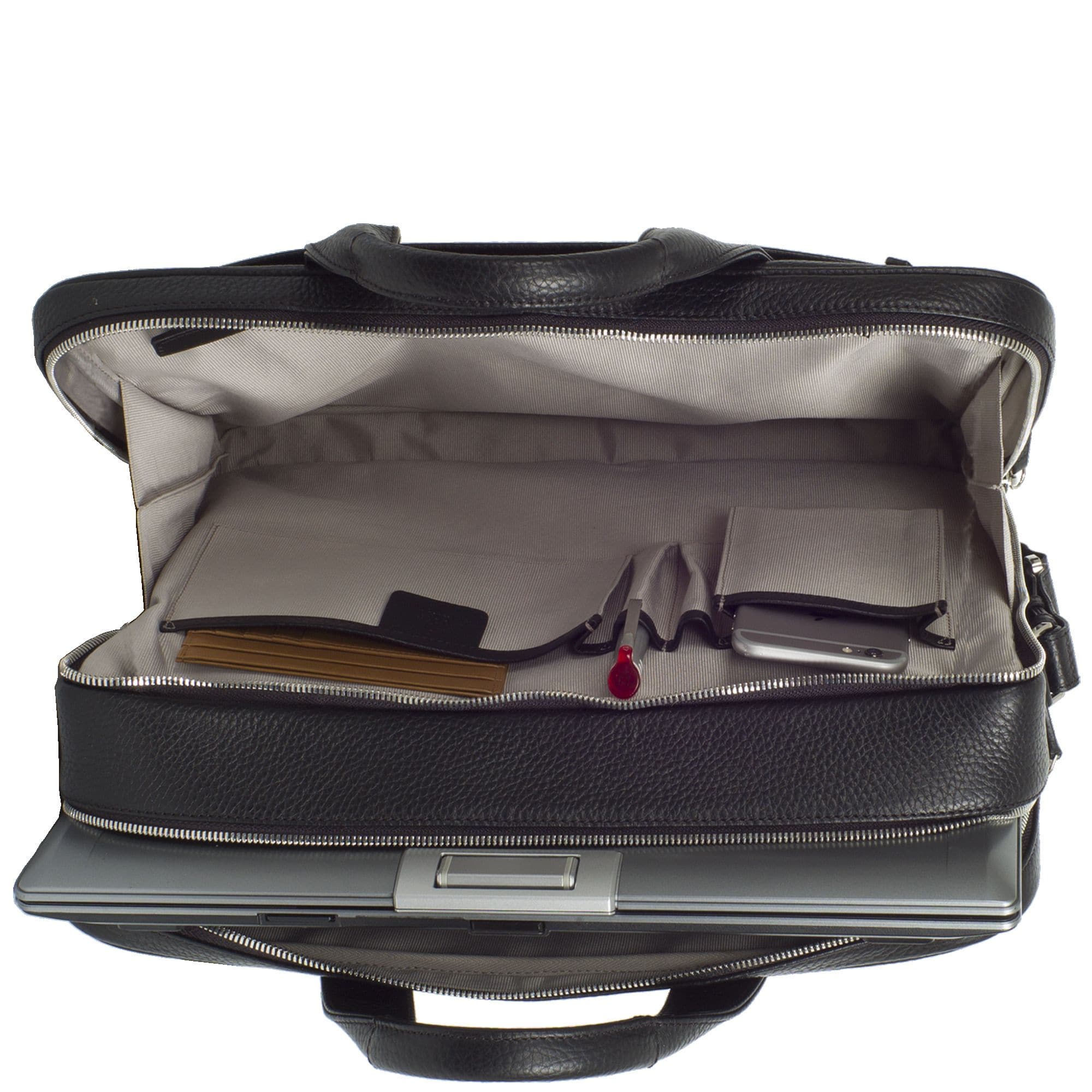 Businesstasche Laptoptasche 15 Zoll leicht genarbtes Leder schwarz 2 große Fächer